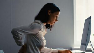 Frau mit Rückenschmerzen am Schreibtisch – Physiotherapie Berlin Alexandros Swoch