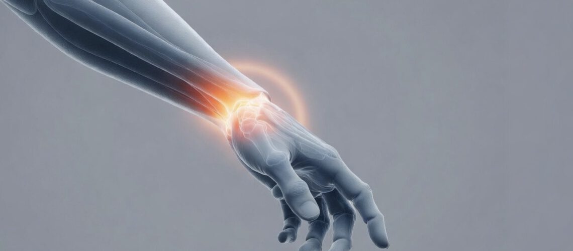 Anatomische 3D-Illustration eines Unterarms mit entzündetem Handgelenk – orangefarbener Schmerzpunkt bei Sehnenscheidenentzündung