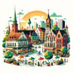 Alt-Text: "Bunte Illustration des Berliner Stadtteils Schmargendorf mit charakteristischen Gebäuden, Straßencafés und dem Fernsehturm im Hintergrund.