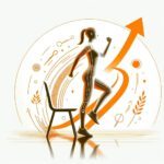 Stilisierte Illustration einer Frau, die sich von einem Stuhl erhebt, mit einem aufsteigenden Pfeil, der Fortschritt und Bewegung symbolisiert.
