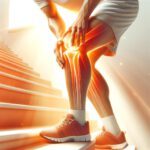 Illustration einer Person, die beim Treppensteigen Knieschmerzen erfährt, mit leuchtenden Darstellungen der betroffenen Kniebereiche