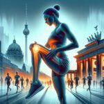 Dynamische Darstellung einer Frau, die nach einer Knieverletzung Dehnübungen macht, vor der Kulisse von Berlins Wahrzeichen