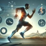 Digital illustrierter Läufer mit biomechanischen Analysen und Gesundheitsdaten umgeben, die seine optimierte Lauftechnik darstellen.