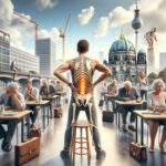 Mann mit sichtbarem Wirbelsäulenmodell steht vor sitzenden Menschen in Berlin, symbolisiert die Prävention von Rückenschmerzen durch Physiotherapie.